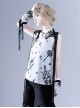 Ouji Fashion Harajuku Style Black And White Strawberry Wings Print Pattern With Ribbon Sleeves Women Sleeveless Top