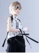 Ouji Fashion Harajuku Style Black And White Strawberry Wings Print Pattern With Ribbon Sleeves Women Sleeveless Top