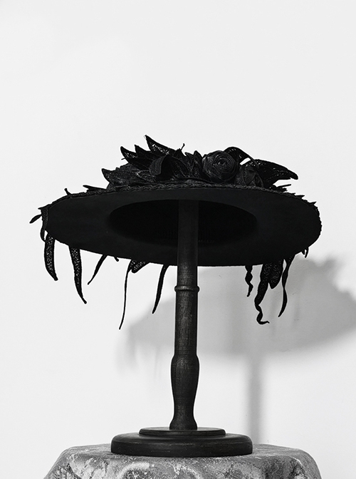 Floating Phantom Series Ouji Fashion Handmade Three-dimensional Flower Ribbon Black Flat Hat