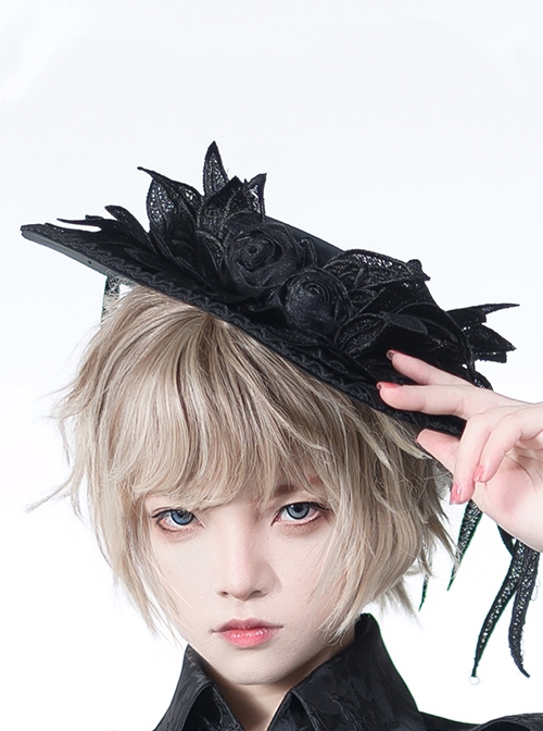 Floating Phantom Series Ouji Fashion Handmade Three-dimensional Flower Ribbon Black Flat Hat