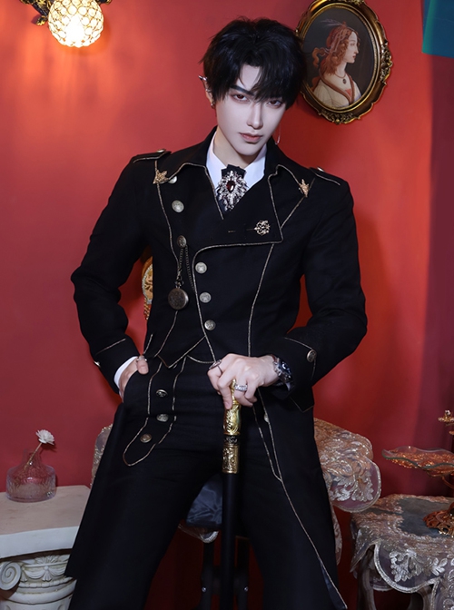 Forever Paperless Covenant Series Retro Ouji Fashion Lolita Gold Line Gold Button Decoration Handsome Long Sleeve Black Long Coat