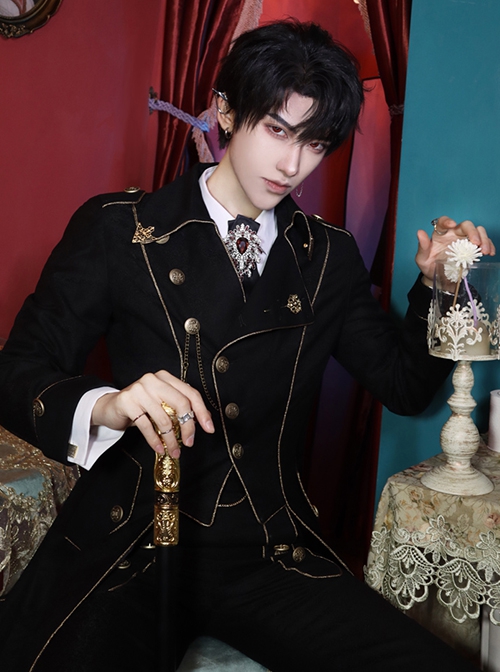 Forever Paperless Covenant Series Retro Ouji Fashion Lolita Gold Line Gold Button Decoration Handsome Long Sleeve Black Long Coat