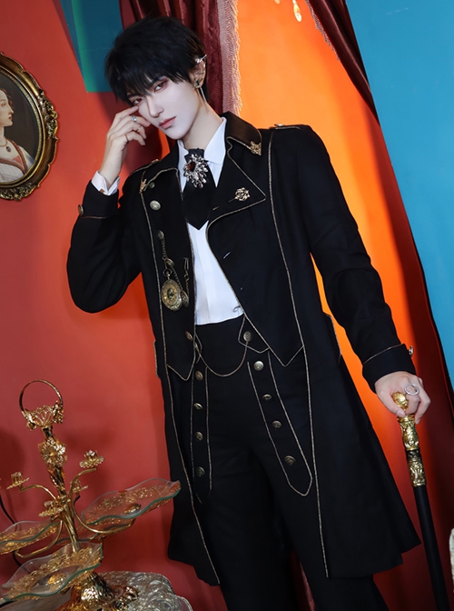 Forever Paperless Covenant Series Retro Ouji Fashion Lolita Gold Line Gold Button Decoration Handsome Long Sleeve Black Long Coat