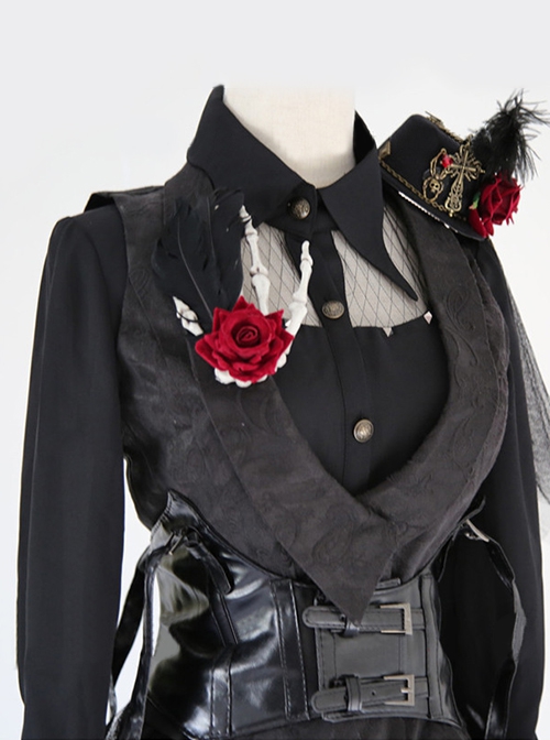 Ouji Fashion Retro Gothic Dark Style V Neck Design Dark Flower Pattern Slim Fit Elegant Black Vest