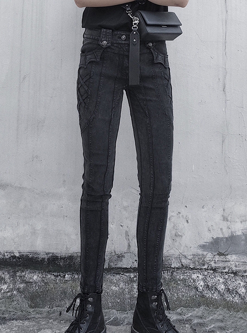 Little Devil Series Ouji Fashion Handsome Skinny Denim High Elastic Wash Women Black Low Waist Pants