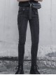 Little Devil Series Ouji Fashion Handsome Skinny Denim High Elastic Wash Women Black Low Waist Pants