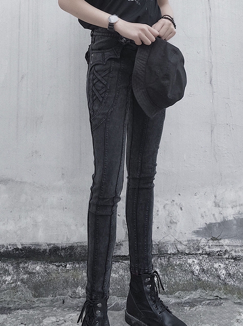 Little Devil Series Ouji Fashion Handsome Skinny Denim High Elastic Wash Women Black Low Waist Pants