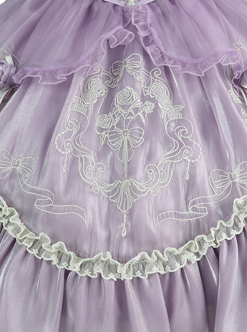 Ballet Elegant High Waist Irregular Hem Fit Flower Decorative Bownot Lace Embroidery Sweet Lolita Purple Sleeveless Dress Full Set