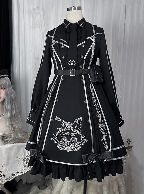 War Ending Series Ouji Fashion Dark Themed Black Handsome Cool Embroidered Lace Lolita Sleeveless Dress Suit