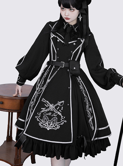 War Ending Series Ouji Fashion Dark Themed Black Handsome Cool Embroidered Lace Lolita Sleeveless Dress Suit