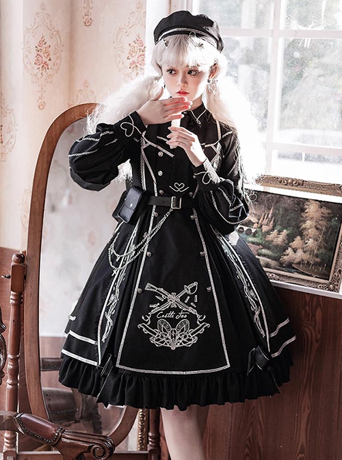 War Ending Series Ouji Fashion Dark Themed Black Handsome Cool Embroidered Lace Lolita Sleeveless Dress Suit