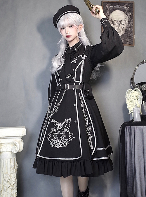 War Ending Series Ouji Fashion Dark Themed Black Handsome Cool Embroidered Lace Lolita Sleeveless Dress Suit