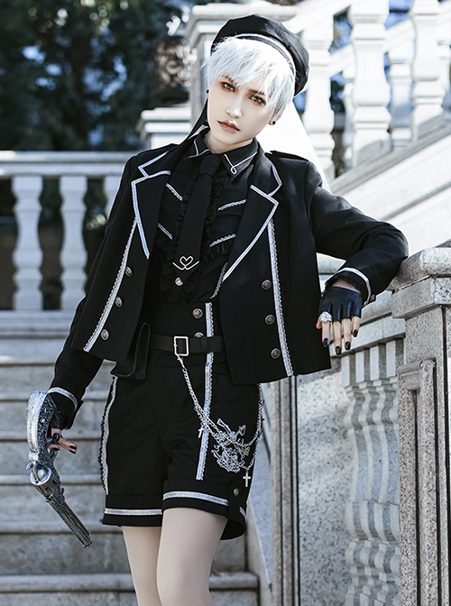 War Ending Series Ouji Fashion Dark Theme Cool Lolita Embroidered Lapel Silver Metal Chain Button Black Coat Shorts Set