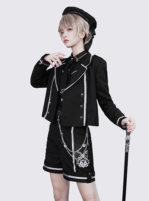 War Ending Series Ouji Fashion Dark Theme Cool Lolita Embroidered Lapel Silver Metal Chain Button Black Coat Shorts Set