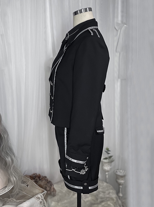 War Ending Series Ouji Fashion Dark Theme Cool Lolita Embroidered Lapel Silver Metal Chain Button Black Coat Shorts Set