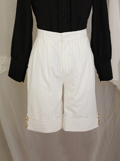 Stripe Series Ouji Fashion Temperament Gold Button White Bottom Black Stripe  Mid Waist Middle Length Shorts