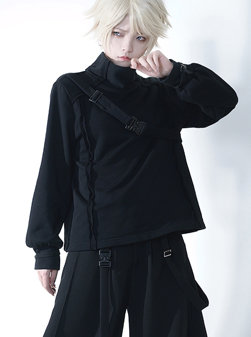 Functional Rabbit Series Ouji Fashion Cute Handsome Unique Asymmetric Stretch Strap Gothic Black Sweatshirt