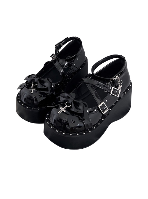 Devil Cross Series Sweet Cool Preppy Platform Metal Cross Bowknot Decorated Cross Strap Thick Soled Punk Lolita Shoes