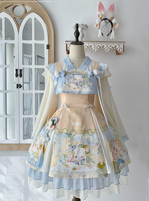 Laurel Prayer Series Chinese Style Cute Rabbit Print Lace Ruffle Skirt Bowknot Decoration Ribbon Sweet Lolita Sleeveless Dress Set