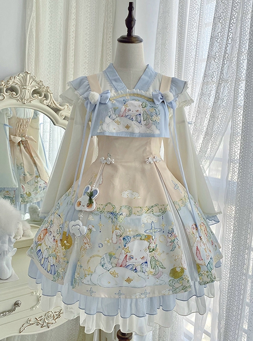 Laurel Prayer Series Chinese Style Cute Rabbit Print Lace Ruffle Skirt Bowknot Decoration Ribbon Sweet Lolita Sleeveless Dress Set