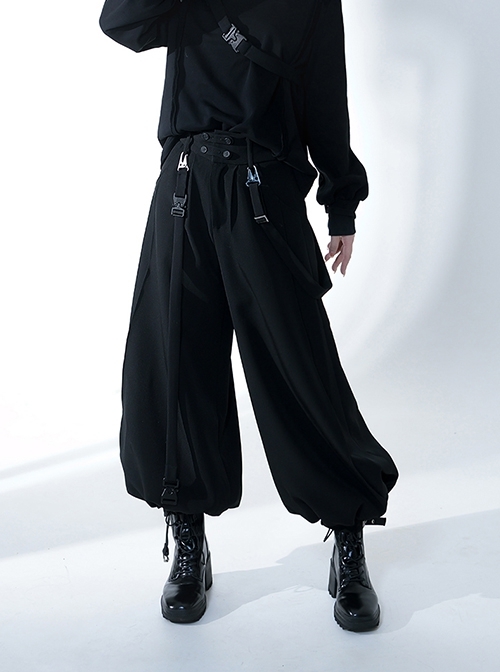 Functional Rabbit Series Ouji Fashion Loose Fit Asymmetric Belt Sports Style Elastic Gothic Black Cropped Pants