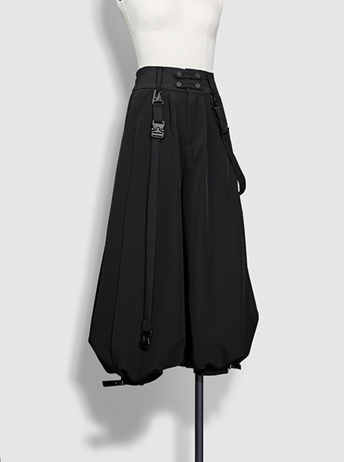 Functional Rabbit Series Ouji Fashion Loose Fit Asymmetric Belt Sports Style Elastic Gothic Black Cropped Pants