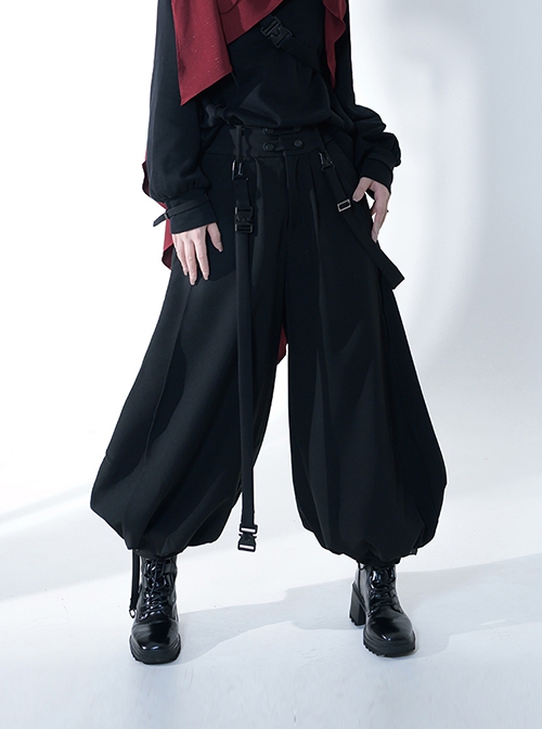 Functional Rabbit Series Ouji Fashion Loose Fit Asymmetric Belt Sports Style Elastic Gothic Black Cropped Pants