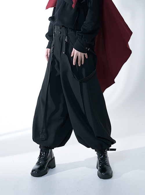 Functional Rabbit Series Ouji Fashion Loose Fit Asymmetric Belt Sports Style Elastic Gothic Black Cropped Pants