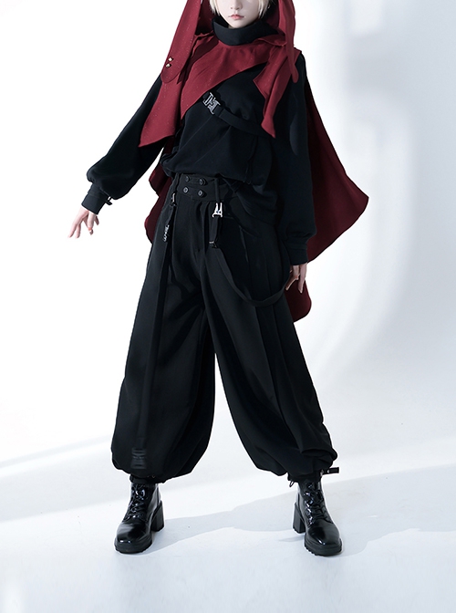 Functional Rabbit Series Ouji Fashion Loose Fit Asymmetric Belt Sports Style Elastic Gothic Black Cropped Pants