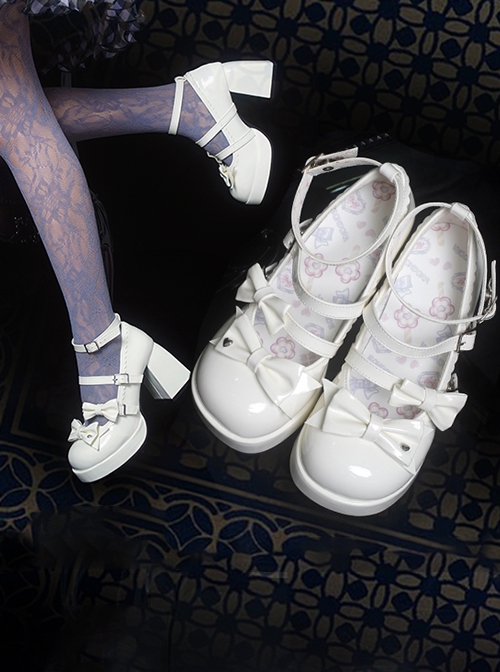 Moonlight Messenger Series Sweet Cool Bowknot Multilayer Strap Metal Ring Design Thick Heel Punk Lolita Shoes