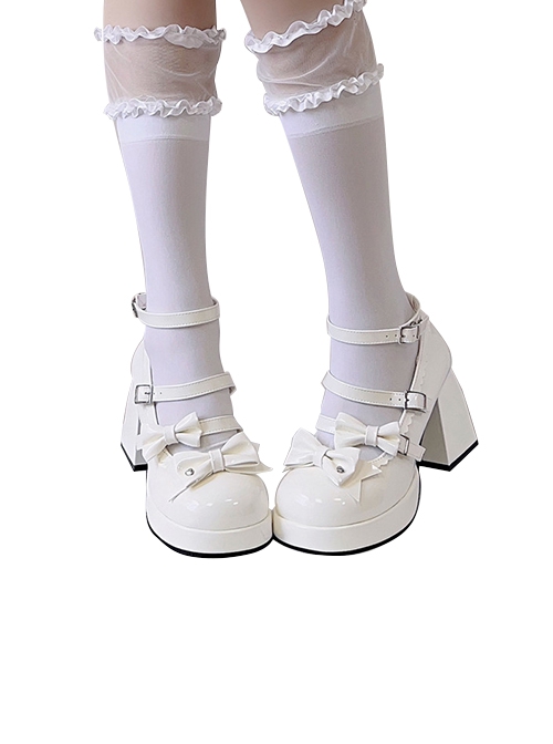 Moonlight Messenger Series Sweet Cool Bowknot Multilayer Strap Metal Ring Design Thick Heel Punk Lolita Shoes