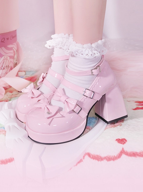 Moonlight Messenger Series Sweet Cool Bowknot Multilayer Strap Metal Ring Design Thick Heel Punk Lolita Shoes