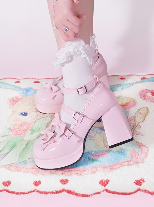 Moonlight Messenger Series Sweet Cool Bowknot Multilayer Strap Metal Ring Design Thick Heel Punk Lolita Shoes