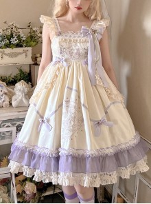 Cute Princess Printed Bowknot Decorated Lace Ruffled Big Hem Sweet Lolita Sleeveless Dress