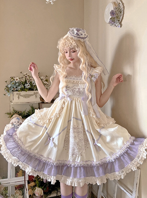 Cute Princess Printed Bowknot Decorated Lace Ruffled Big Hem Sweet Lolita Sleeveless Dress