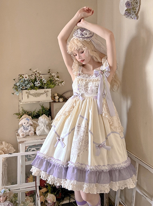 Cute Princess Printed Bowknot Decorated Lace Ruffled Big Hem Sweet Lolita Sleeveless Dress