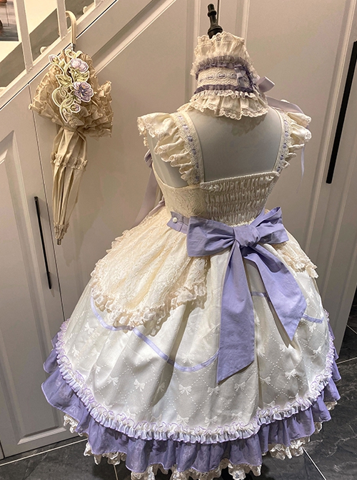 Cute Princess Printed Bowknot Decorated Lace Ruffled Big Hem Sweet Lolita Sleeveless Dress