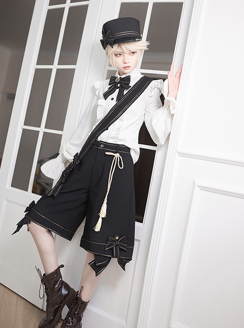 Black Star Series Ouji Fashion Golden Thread Decoration Bow Vintage Female Straight Black Shorts