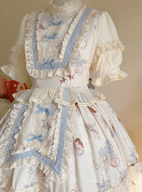 Deer Bell Girls Series Elegant Cute Animal Pattern Printing Lace Bowknot Decoration Ruffle Hem Classic Lolita Short Sleeve Dress OP