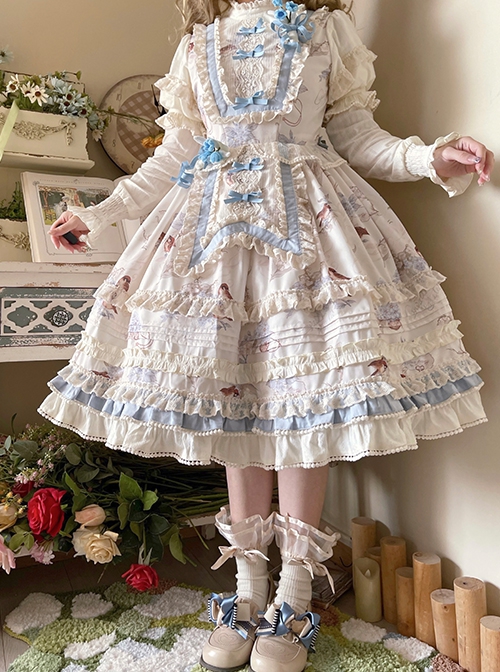 Deer Bell Girls Series Elegant Cute Animal Pattern Printing Lace Bowknot Decoration Ruffle Hem Classic Lolita Short Sleeve Dress OP