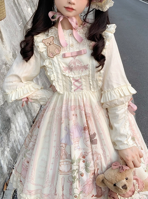 Daily Elegant Lace Neck Bowknot Ribbon Decorated Leg Lamb Sleeves Sweet Lolita Cotton Long Sleeve Blouse