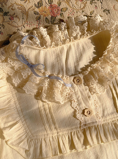 Daily Elegant Lace Neck Bowknot Ribbon Decorated Leg Lamb Sleeves Sweet Lolita Cotton Long Sleeve Blouse