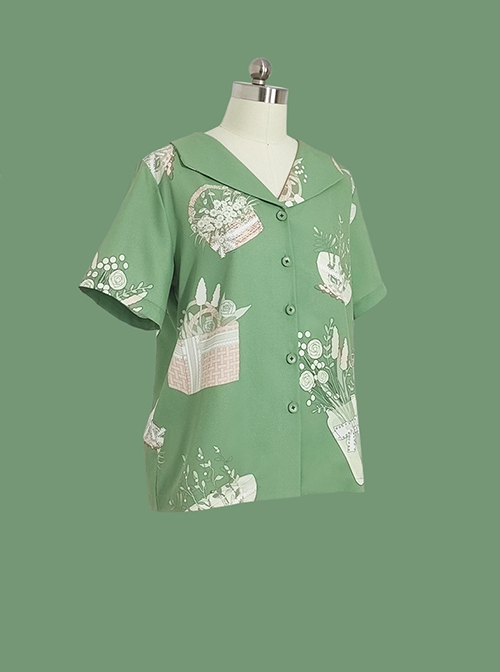 Limited Flowering Period Series Ouji Fashion Elegant Beige Flower Basket Random Printing Small Lapel Green Short Sleeve Shirt