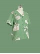 Limited Flowering Period Series Ouji Fashion Elegant Beige Flower Basket Random Printing Small Lapel Green Short Sleeve Shirt