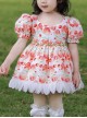 Summer Floral Cute Strawberry Print Petal Lace Hem Skirt Princess Sweet Lolita Kids Puff Sleeve Dress