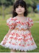 Summer Floral Cute Strawberry Print Petal Lace Hem Skirt Princess Sweet Lolita Kids Puff Sleeve Dress