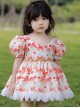 Summer Floral Cute Strawberry Print Petal Lace Hem Skirt Princess Sweet Lolita Kids Puff Sleeve Dress