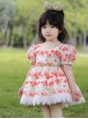 Summer Floral Cute Strawberry Print Petal Lace Hem Skirt Princess Sweet Lolita Kids Puff Sleeve Dress