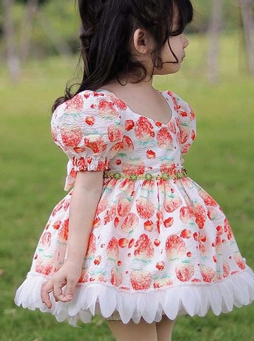 Summer Floral Cute Strawberry Print Petal Lace Hem Skirt Princess Sweet Lolita Kids Puff Sleeve Dress