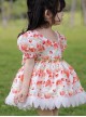 Summer Floral Cute Strawberry Print Petal Lace Hem Skirt Princess Sweet Lolita Kids Puff Sleeve Dress